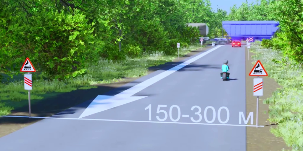 Установка дорожного знака 1.4.4 за 150 м до ЖД переезда слева по направлению движения.